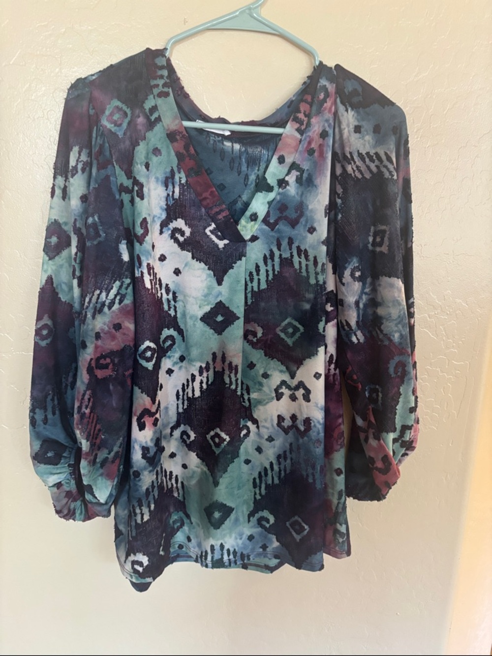 Boho V-Neck Printed Blouse in Teal and Plum